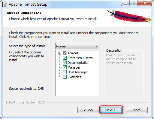 Tomcat インストーラーを使用するインストール画面03